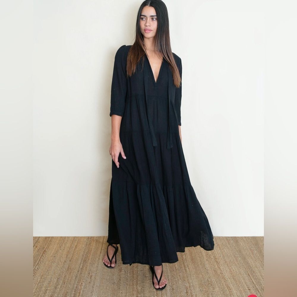 HONORINE Black 100% Cotton Tiered Maxi Dress V-Neck Long Boho Size XS‎